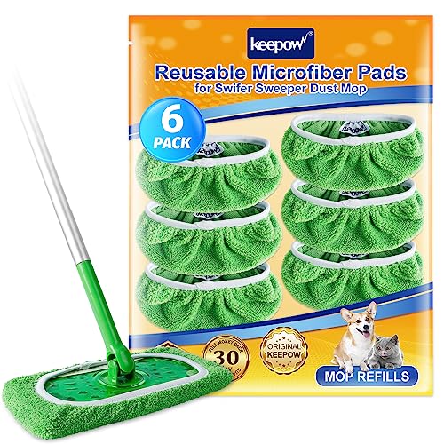 KEEPOW Reusable Wet Pads Refills Compatible with Swiffer Sweeper Mop Dry Sweeping Cloths Microfiber Wet Mopping Cloths for Hardwood Floor Cleaning 6 Pack Mop is Not Included